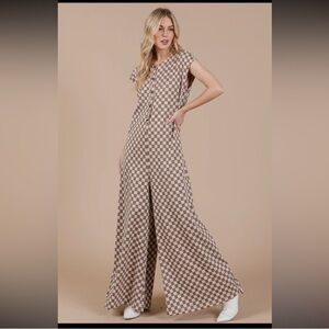 Checkered Brown and White Wide-Leg Jumpsuit
